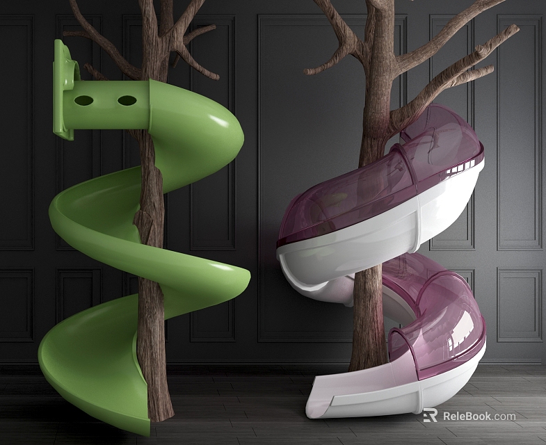 Green And Purple Spiral Slides As Playground Equipment On Trees 3d model 