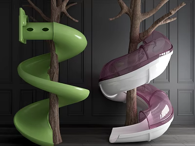 Green And Purple Spiral Slides As Playground Equipment On Trees 3d model