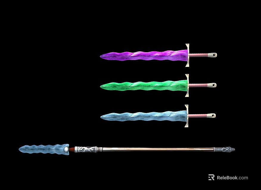 Four Colorful Spiral Blade Weapons Featuring Purple Green Blue Blades Against Black Background 3d model 