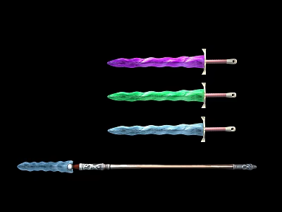 Four Colorful Spiral Blade Weapons Featuring Purple Green Blue Blades Against Black Background 3d model