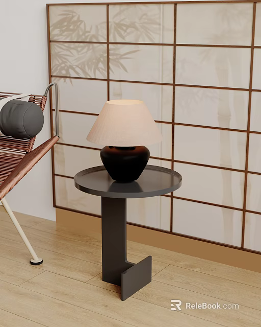 Table Lamp With Black Base And Beige Lampshade On Round Table By Japanese Shoji Screen 3d model 