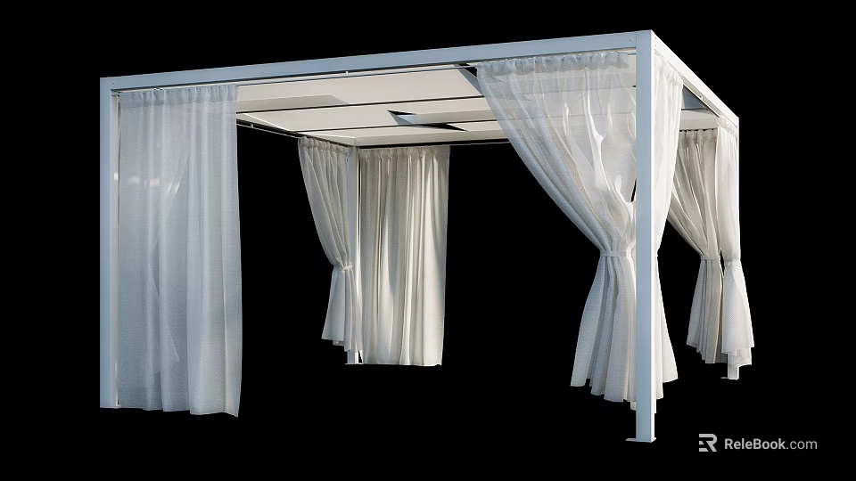 White Outdoor Pergola With Flowing Curtains And Simple Frame Design 3d model 