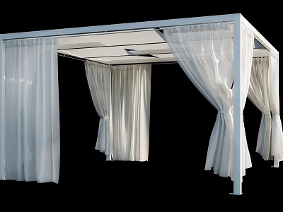 White Outdoor Pergola With Flowing Curtains And Simple Frame Design 3d model