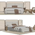 Modern Double Bed Interior Design With Woven Headboard Pillows Blanket And Side Chair