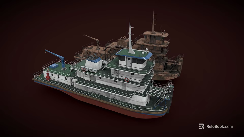 Two Story White Ship With Green Roof Red Bottom And Deck Details 3d model 