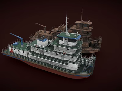 Two Story White Ship With Green Roof Red Bottom And Deck Details 3d model
