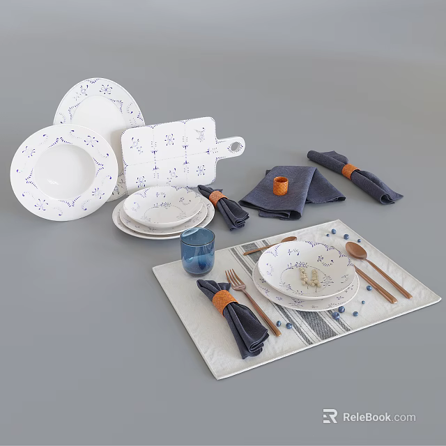 Modern Dinnerware Set Featuring White Blue Floral Plates Cutting Board Striped Placemat And Gold Utensils 3d model 