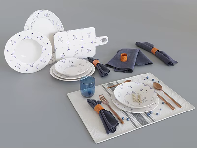 Modern Dinnerware Set Featuring White Blue Floral Plates Cutting Board Striped Placemat And Gold Utensils 3d model