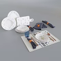 Modern Dinnerware Set Featuring White Blue Floral Plates Cutting Board Striped Placemat And Gold Utensils