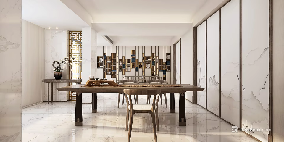 Modern Tea Room Interior With Long Wooden Table Decorative Shelves Lattice Screen And Marble Walls 3d model 