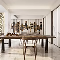 Modern Tea Room Interior With Long Wooden Table Decorative Shelves Lattice Screen And Marble Walls