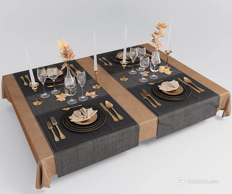 Dinnerware Set for Table Setting with Brown Gray Tablecloth Maple Leaves Wine Glasses and Candles 3d model 