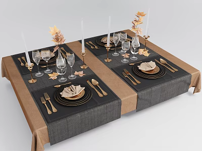 Dinnerware Set for Table Setting with Brown Gray Tablecloth Maple Leaves Wine Glasses and Candles 3d model