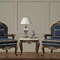 Leisure Sofa Set With Carved Wooden Frame Blue Upholstery Coffee Table Lamp And Paneled Walls