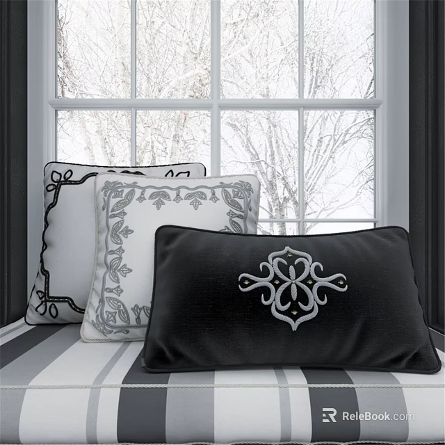 Black and White Decorative Throw Pillows with Intricate Patterns by Window with Snowy View 3d model 