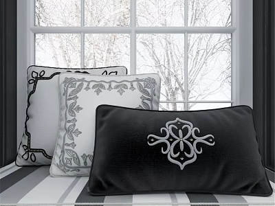 Black and White Decorative Throw Pillows with Intricate Patterns by Window with Snowy View 3d model