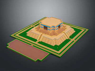 Traditional Building Structure With Multi Tiered Steps Base Platform Green Lawn And Blue Accents 3d model