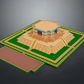 Traditional Building Structure With Multi Tiered Steps Base Platform Green Lawn And Blue Accents