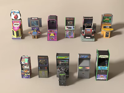 Vintage Arcade Game Machines With Various Colors Different Designs And Classic Game Themes 3d model