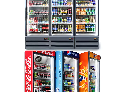 Commercial Beverage Display Refrigerators Stocked With Various Drink Brands 3d model