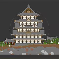 Traditional Japanese Multi Story Castle Brick Model With Small Buildings Greenery And Pond