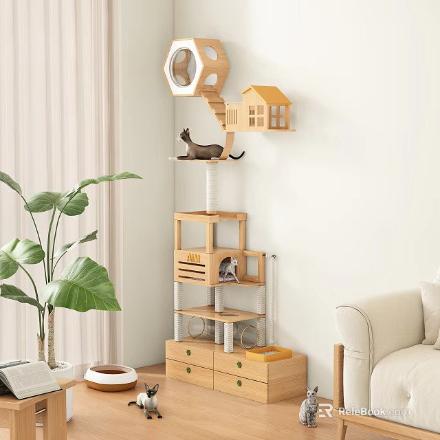 Wooden Multi Level Cat Tree With House Shaped Condo And Storage Drawers For Home Interior 3d model 
