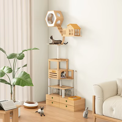 Wooden Multi Level Cat Tree With House Shaped Condo And Storage Drawers For Home Interior 3d model