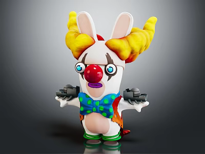 Yellow Curly Eared Red Nosed Blue Eyed Cartoon Rabbit Holding Cameras White Body Green Base 3d model