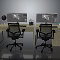 Dual Computer Monitors Setup With Office Desks Chairs Globe Pen Holder And Cup 3d model