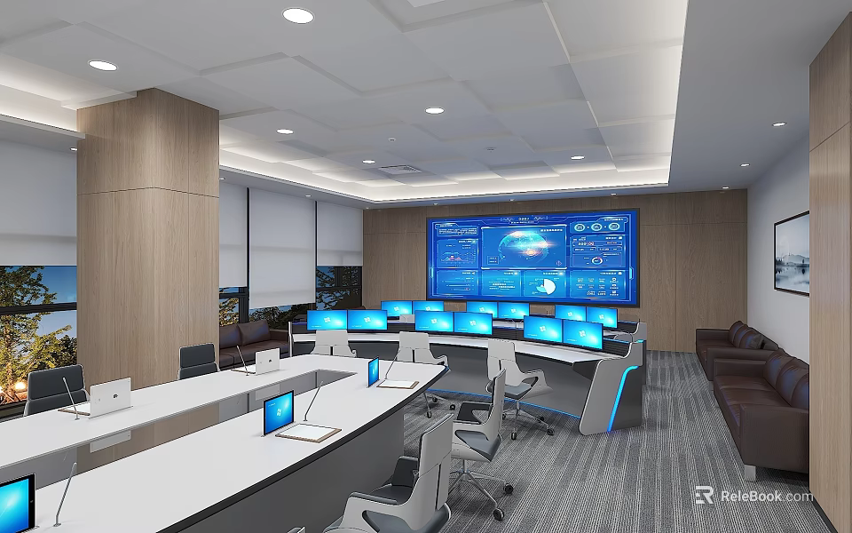 Modern Open Public Office Space With Workstations Computer Monitors And Large Digital Screen 3d model