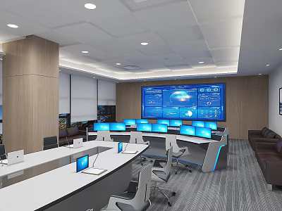 Modern Open Public Office Space With Workstations Computer Monitors And Large Digital Screen 3d model