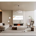 Minimalist Living Room Interior With Beige Sofa Fireplace Chandelier And Floor Lamp