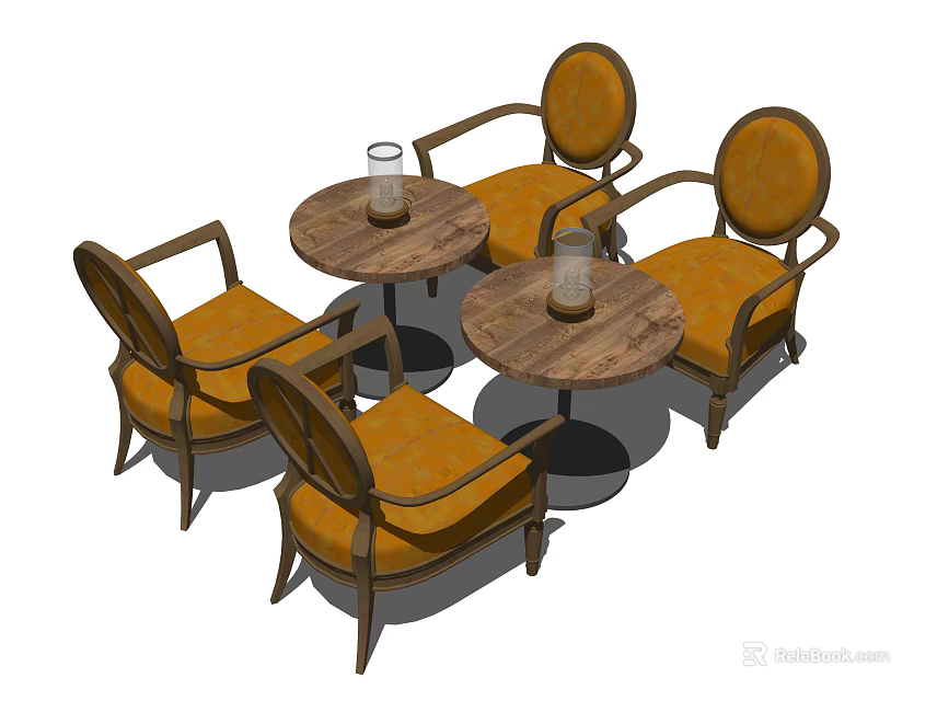 Modern Round Backrest Table and Chair Set with Orange Cushions and Wooden Tabletop 3d model 