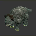 Fantasy Creature With Gray Scaly Skin Brown Horns Yellow Eyes Open Mouth And Yellow Claws