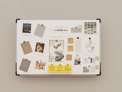 Creative Mood Board With Photos Yellow Notes Color Swatches Sketches And Push Pins 3d model