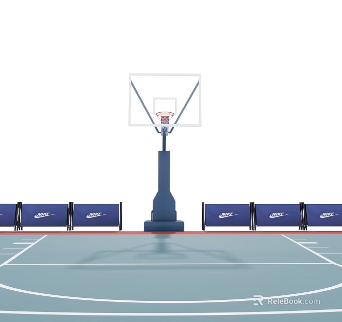 Basketball Court With Hoop Blue Barriers Nike Logos Blue Flooring And White Lines 3d model 