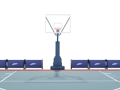 Basketball Court With Hoop Blue Barriers Nike Logos Blue Flooring And White Lines 3d model