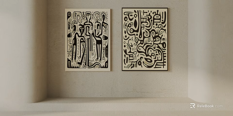 Two Black And White Abstract Paintings Hanging On Beige Wall Decor 3d model