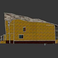 Wooden House With Yellow Exterior Textured Roof Multiple Windows Balcony Porch And Stairs