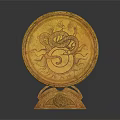Golden Circular Sculpture Carving With Dragon And Snake Motifs On Ornate Pedestal Base