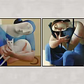 Two Panel Abstract Paintings With Textured Human Figures And Blue Tones