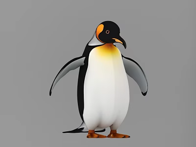 King Penguin Aquatic Animal Standing with Black White Yellow Plumage Orange Beak and Feet 3d model