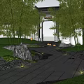 Traditional Scenic Wall with Bamboo Trees Stone Pathway Rockery and Natural Landscape