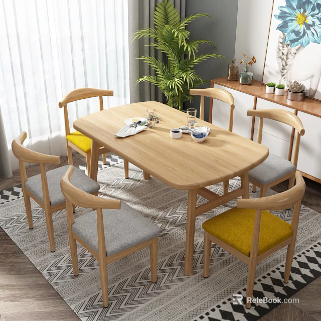 Modern Wooden Dining Table Set With Curved Back Chairs Gray Yellow Cushions In Bright Room 3d model 