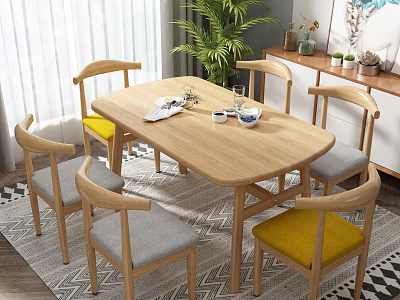 Modern Wooden Dining Table Set With Curved Back Chairs Gray Yellow Cushions In Bright Room 3d model