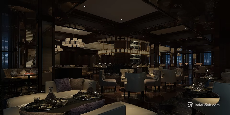 Elegant Bar Interior Design With Dark Wooden Decor Chandeliers And Comfortable Sofas Armchairs Dining Tables 3d model 