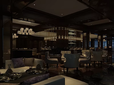 Elegant Bar Interior Design With Dark Wooden Decor Chandeliers And Comfortable Sofas Armchairs Dining Tables 3d model