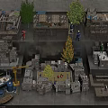 Industrial Factory Buildings Featuring Multistory Structures Surrounding Trees Worker Figures Construction Crane And Boat