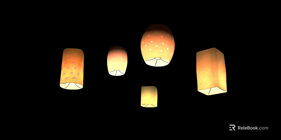 Traditional Decorative Lanterns With Various Shapes And Colorful Patterns Illuminated On Dark Background 3d model 