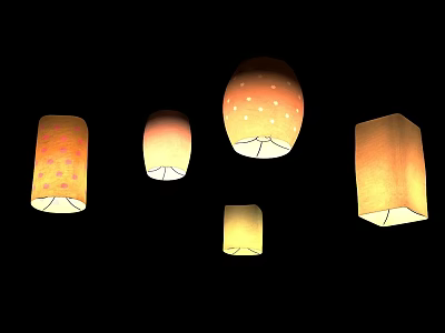 Traditional Decorative Lanterns With Various Shapes And Colorful Patterns Illuminated On Dark Background 3d model